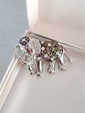 Vintage Liz Claiborne Silver-Tone Enamel Elephant Brooch